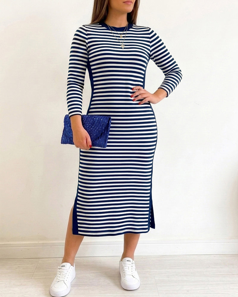 Women's Casual Striped Midi Dress Long Sleeve Crewneck Contrast Side Panel Side Slit T-Shirt Knit Dress with Pockets