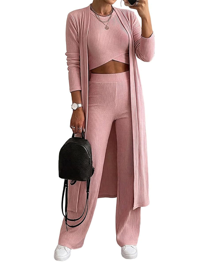CHICME ESSENCE Women's 3 Piece Knit Set Long Cardigan Criss Cross Crop Tank Top and Wide Leg Pants Casual Ribbed Brushed Lounge Set