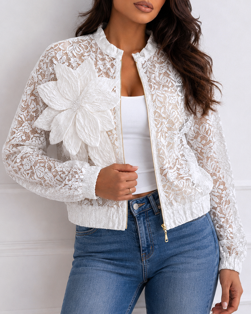 Women's Sheer Lace Bomber Jacket Lightweight Mesh See Through Crop Coat with Detachable 3D Floral