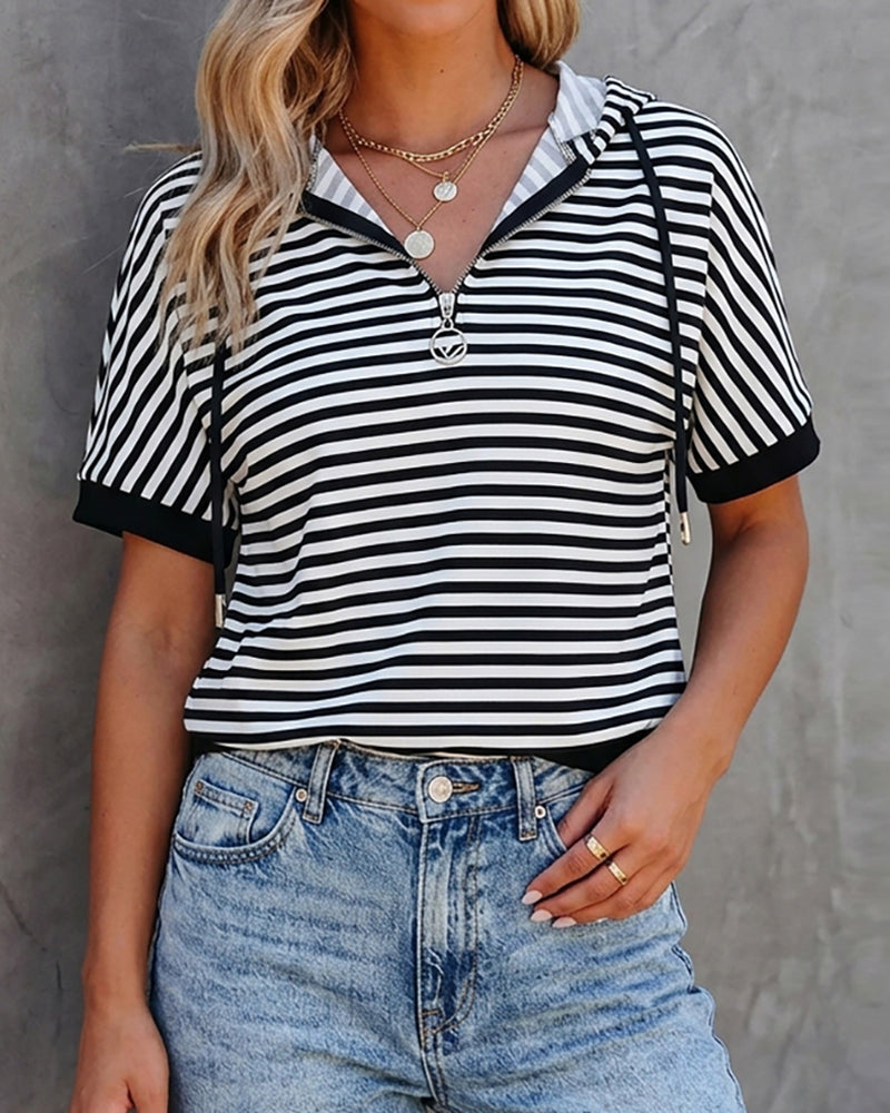 Women's Striped Half Zip Drawstring Hoodie Short Sleeve Sweatshirt Loose Contrast Trim Casual Pullover Top