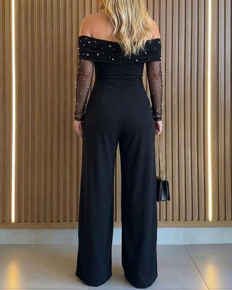 Women's Foldover Off Shoulder Pearl Mesh Jumpsuit Sheer Long Sleeve High Waist Flare Leg Jumpsuit with Pockets