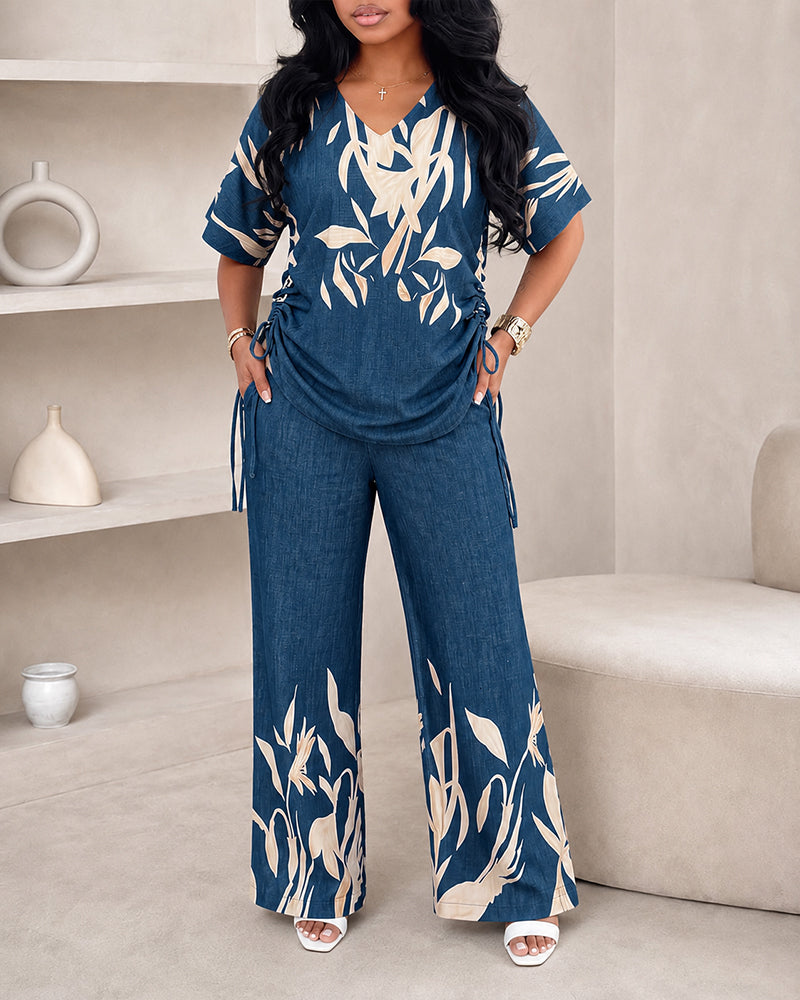 Women's Tropical Plants Print 2 Piece Outfits V Neck Drawstring Ruched Top and Wide Leg Pants Set Casual Loose Loungewear