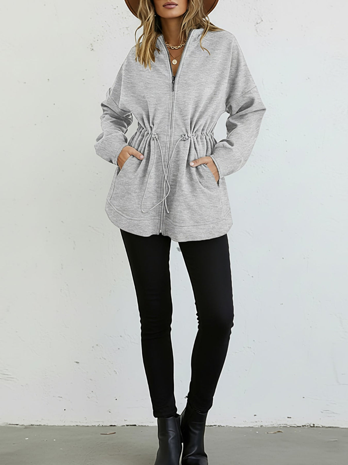 Long Sleeve Waist Drawstring Hooded Coat Casual Loose Fit Cardigan Jacket with Pockets