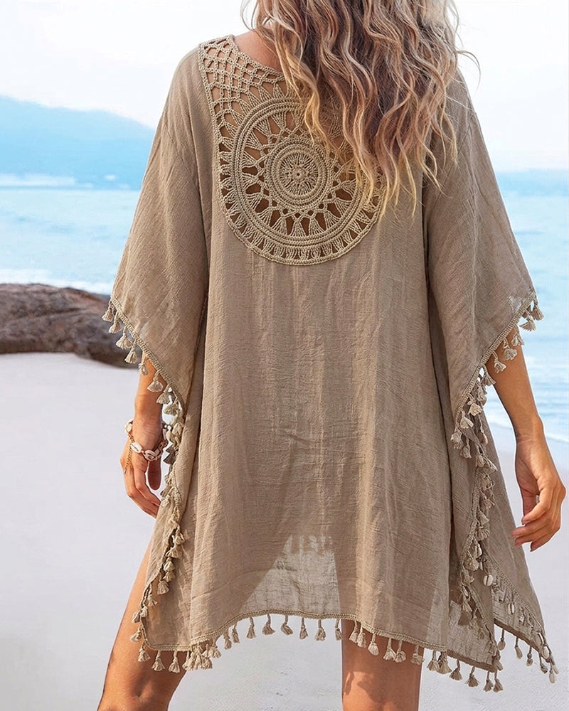 Women's Front & Back Reversible Beach Cover Up Crochet Lace Hollow Out Spliced Tassel Vacation Caftan Dress