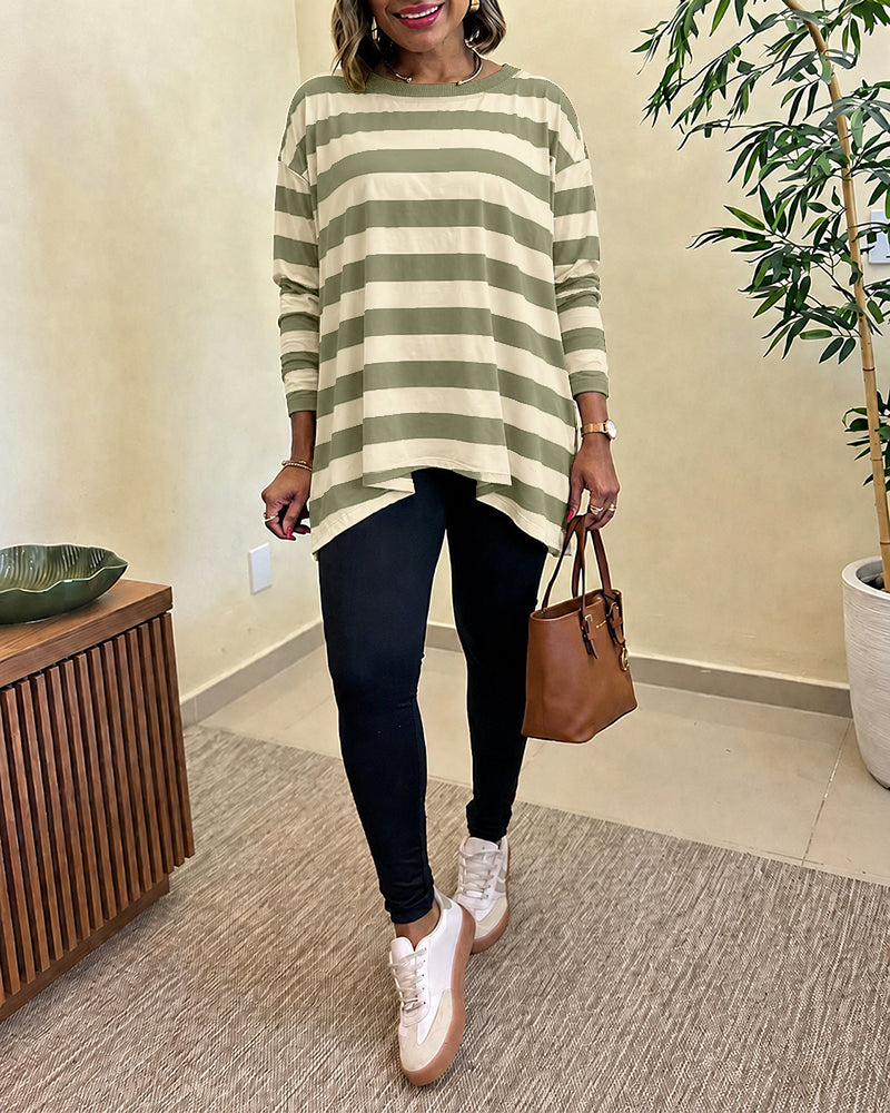 Women's Striped T Shirt Long Sleeve Drop Shoulder Crewneck Tee Side Slit Casual Loose Fit Top