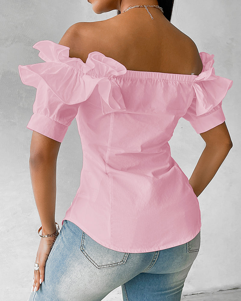 Ruffles Off Shoulder Short Sleeve Button Front Blouse Asymmetrical Hem Top