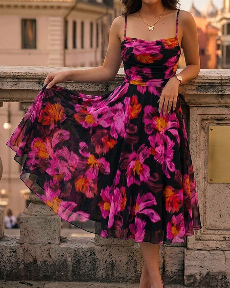 Women's Floral Print Cami Midi Dress Sexy Ruched Mesh A Line Sundress Elegant Spaghetti Strap Party Dress