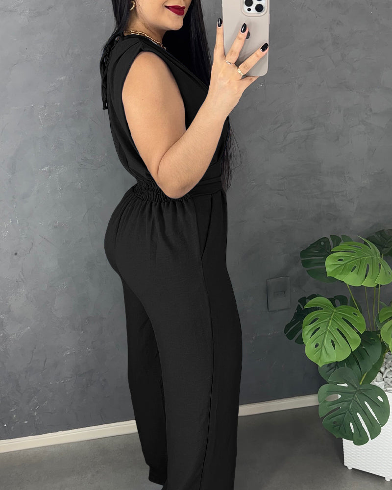 V Neck Lace-Up Waist Meatl Buckle Jumpsuit Casual Shirred Wide Leg Romper