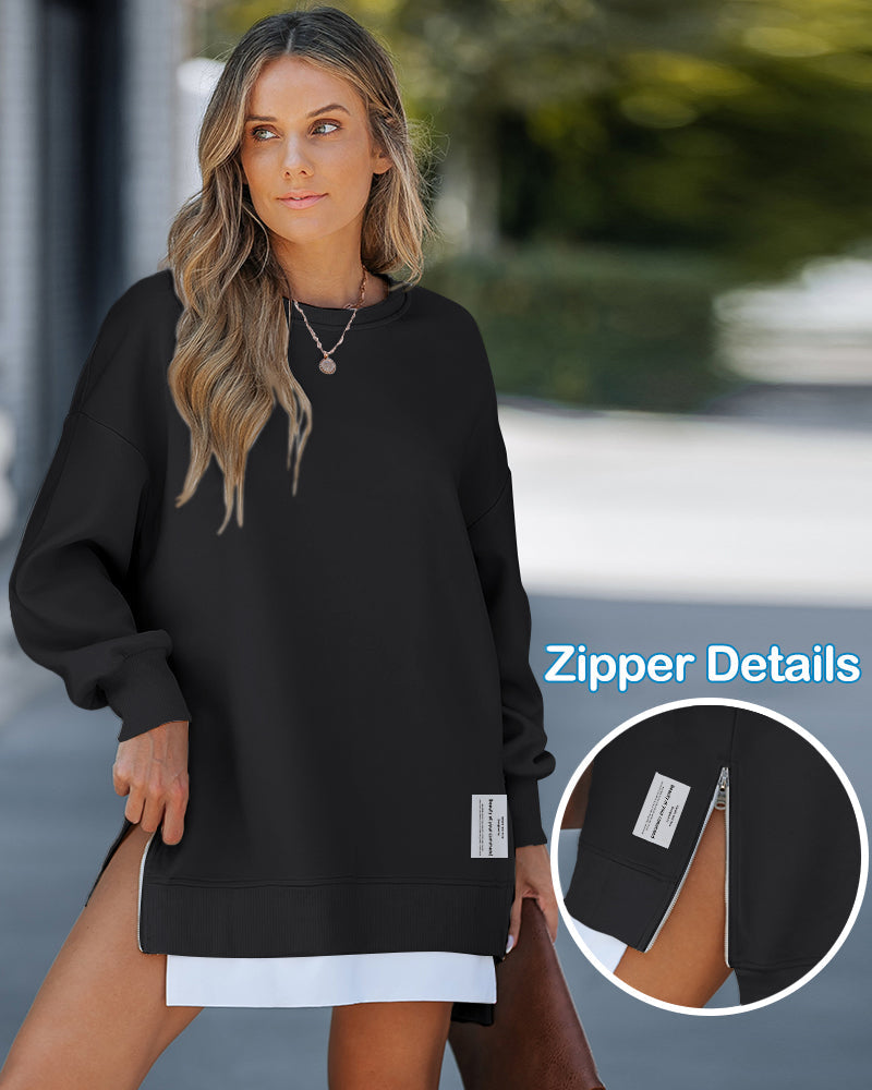 Letter Patch Detail Long Sleeve Drop Shoulder Pullover Sweatshirt Casual Zipper Side Slit Top