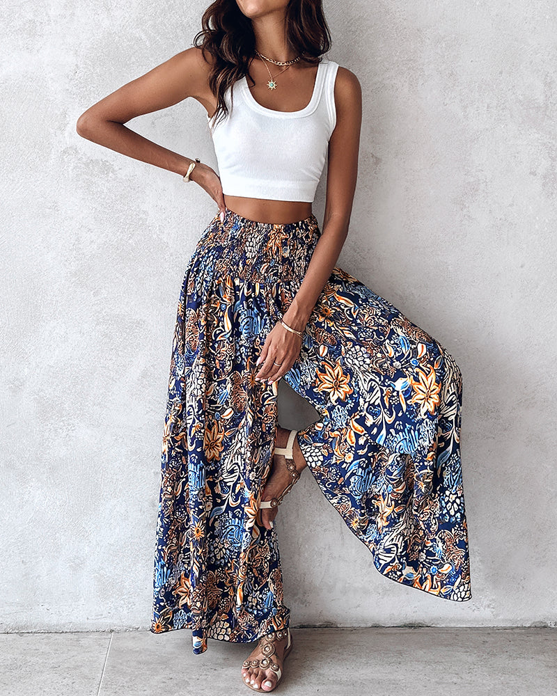 Boho Vintage Floral Print Shirred High Waist Wide Leg Pants