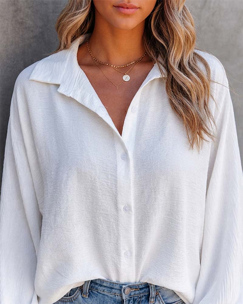 Women's Textured Button Down Shirt Loose Fit Lantern Sleeve Blouse Casual Office Work Top