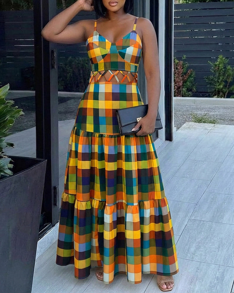 Women's Colorblock Plaid Hollow-out Maxi Dress V Neck Backless Ruffle Cami Dress Casual Shirred Beach Sundress