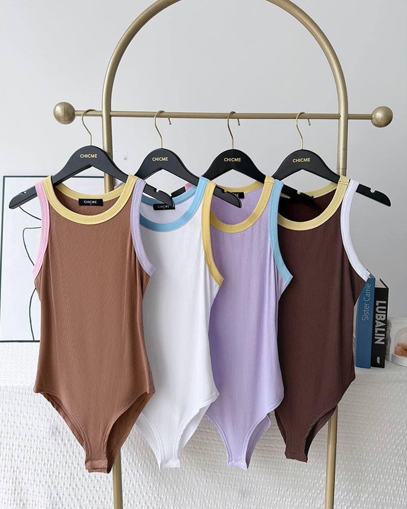 Women's Macaron Contrast Binding Bodysuit Ribbed Knit Sleeveless Slim Fit Bodysuit