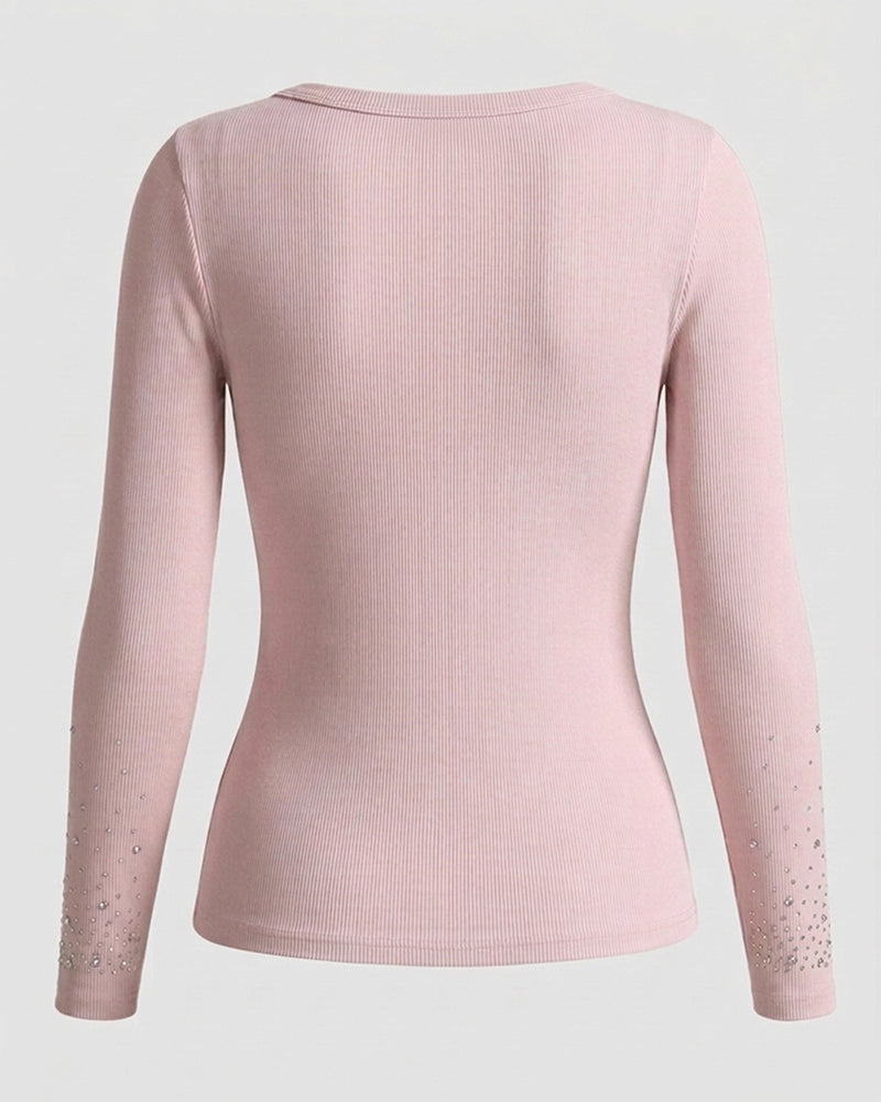 Women's Rhinestone Embellished Ribbed Long Sleeve Layering Top Slim Fit U-Neck Knit Tee Elegant Stretchy Pullover