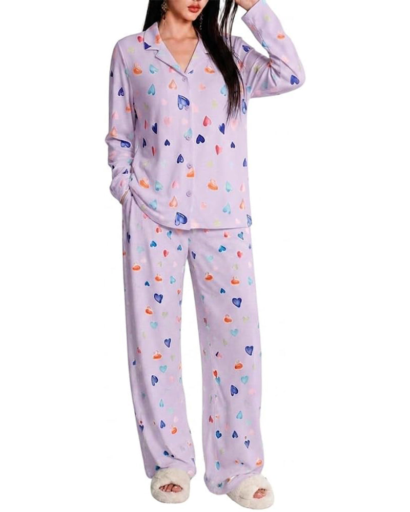 CHICME ESSENCE Women's Colorful Heart Print 2 Piece Pajama Set Long Sleeve Button Down Top and High Waisted Pants Casual Lounge Sets