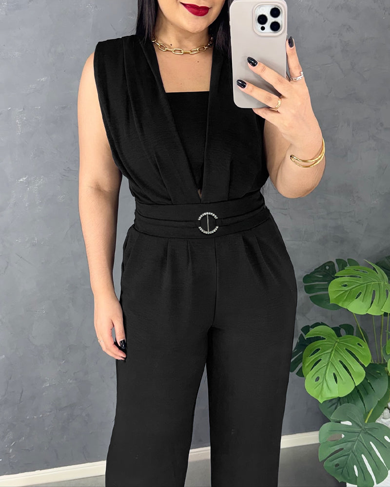 V Neck Lace-Up Waist Meatl Buckle Jumpsuit Casual Shirred Wide Leg Romper