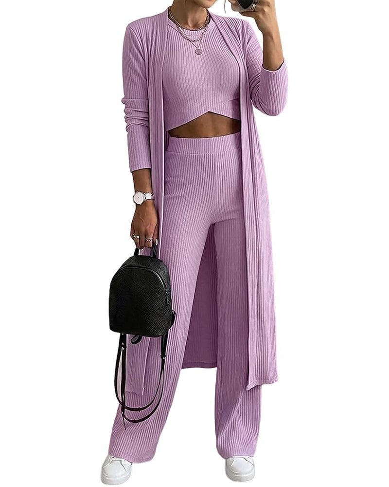 CHICME ESSENCE Women's 3 Piece Knit Set Long Cardigan Criss Cross Crop Tank Top and Wide Leg Pants Casual Ribbed Brushed Lounge Set