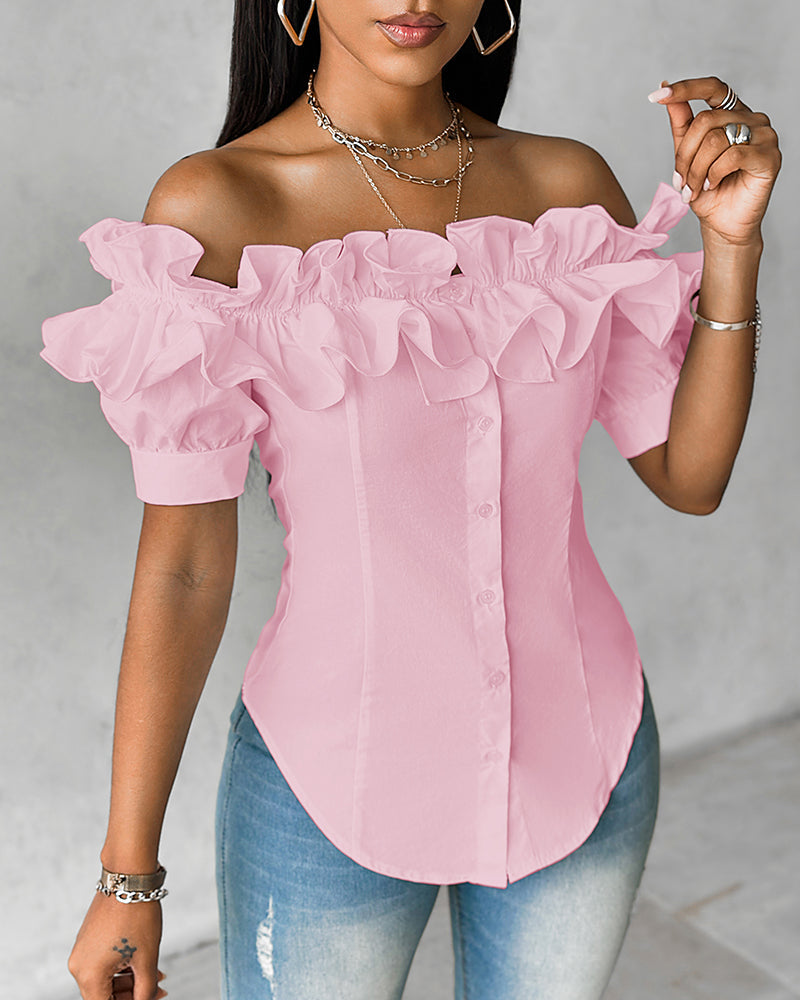 Ruffles Off Shoulder Short Sleeve Button Front Blouse Asymmetrical Hem Top