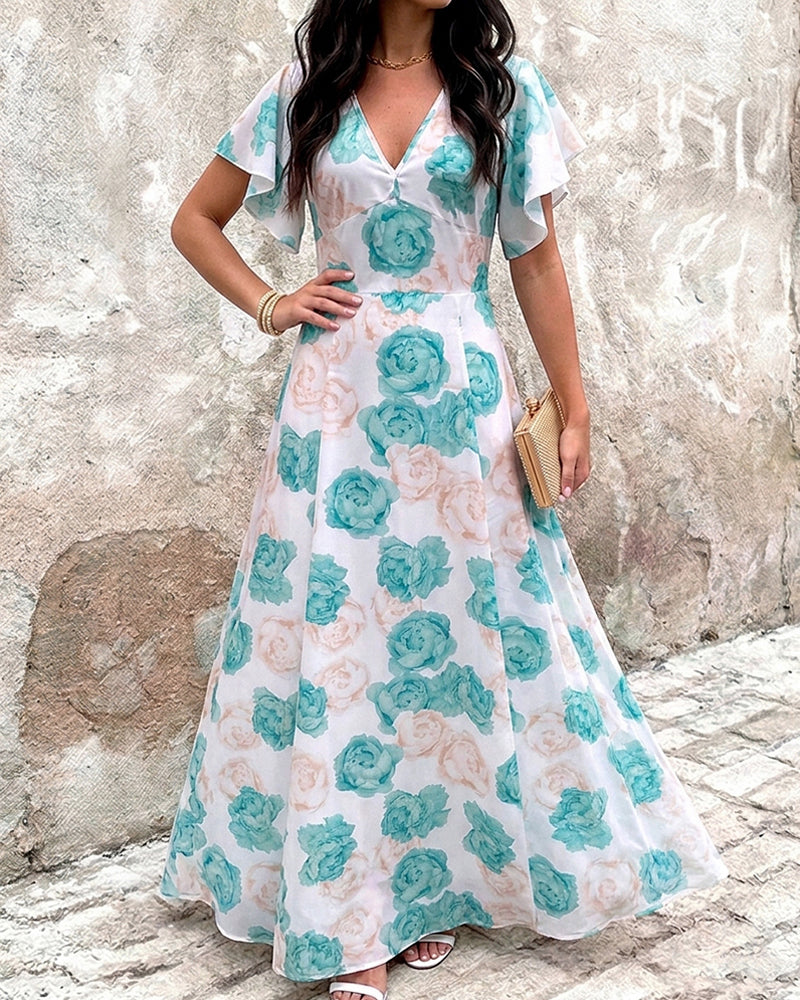 Women's Floral Print Deep V Neck Maxi Dress Flutter Sleeve High Waist Vacation Dress