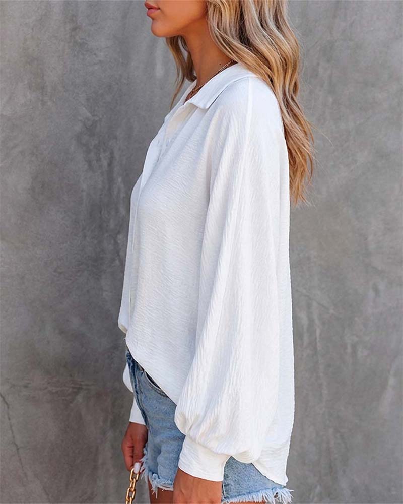 Women's Textured Button Down Shirt Loose Fit Lantern Sleeve Blouse Casual Office Work Top