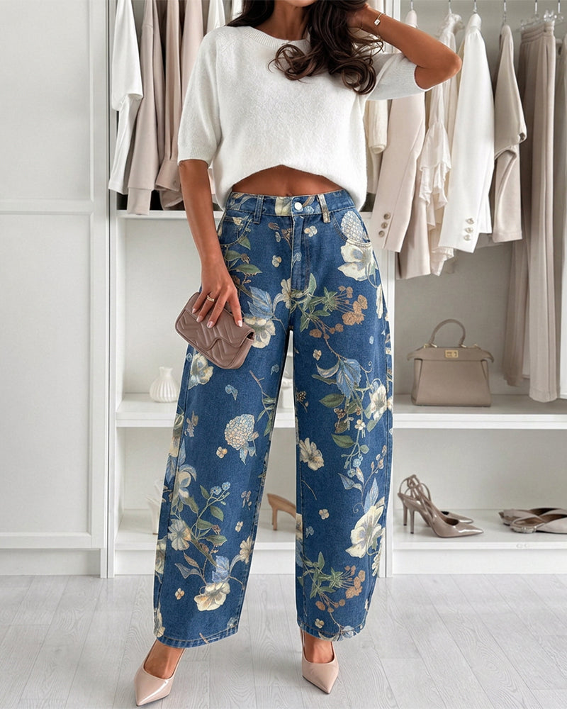 Women's Floral Printed Jeans High Waisted Barrel Denim Pants Vintage Relaxed Trousers