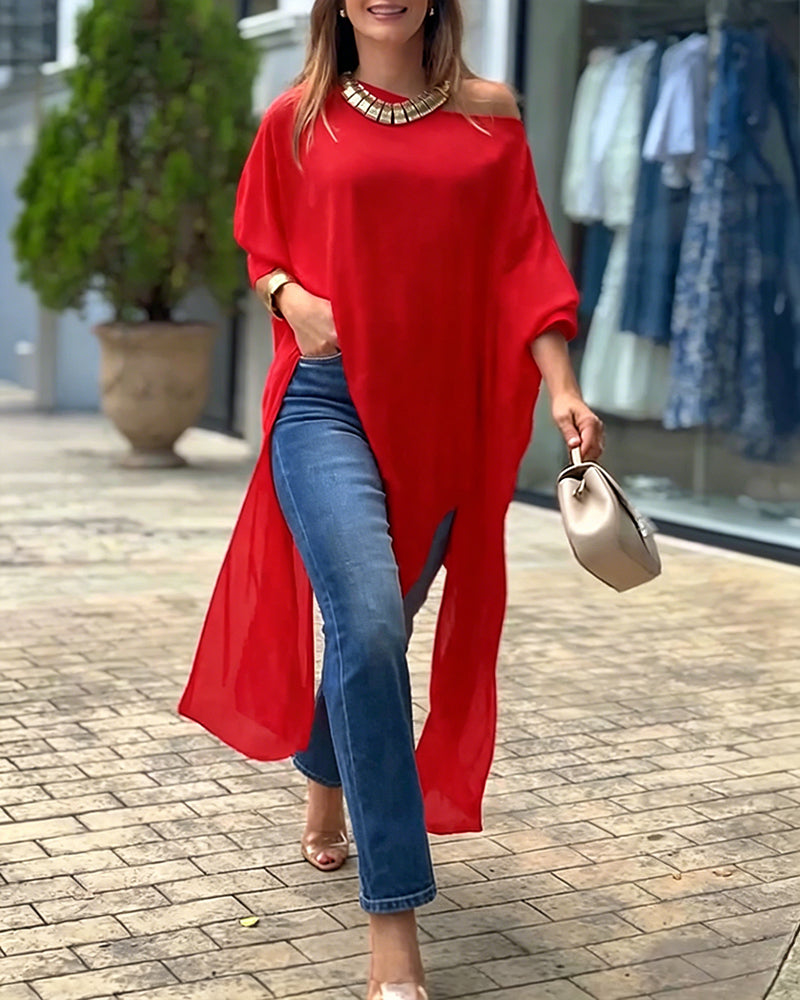Women's Skew Neck Batwing Sleeve Tee Asymmetric Loose Cape Blouse Slit Elegant Top