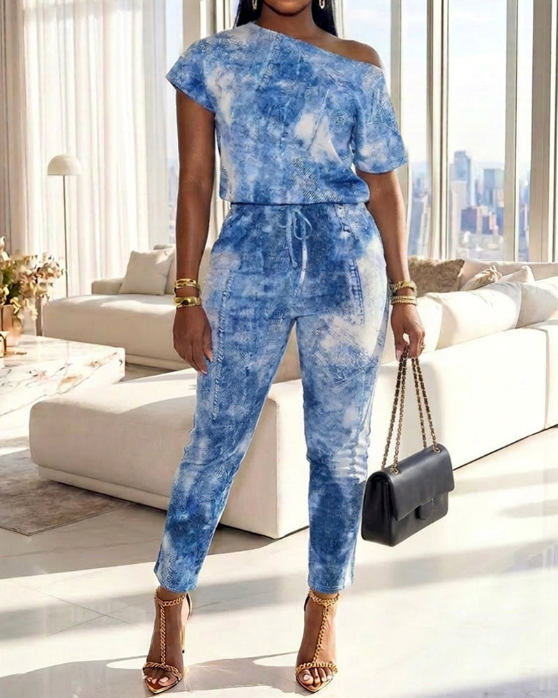 Women's Denim Look Print Skew Neck Jumpsuit Short Sleeve Drawstring Waist Slim Fit Overalls