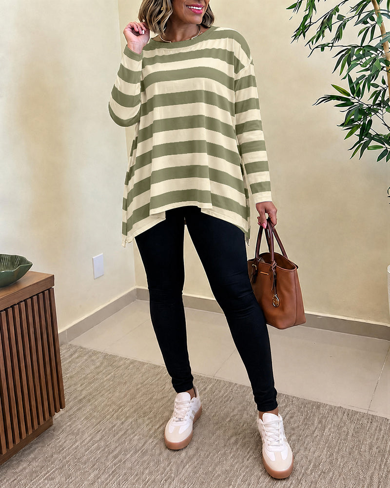 Women's Striped T Shirt Long Sleeve Drop Shoulder Crewneck Tee Side Slit Casual Loose Fit Top