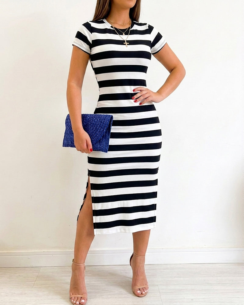 Women's Casual Striped Midi Dress Short Sleeve Crewneck Tie Waist T Shirt Dress Side Slit Commuting Dress
