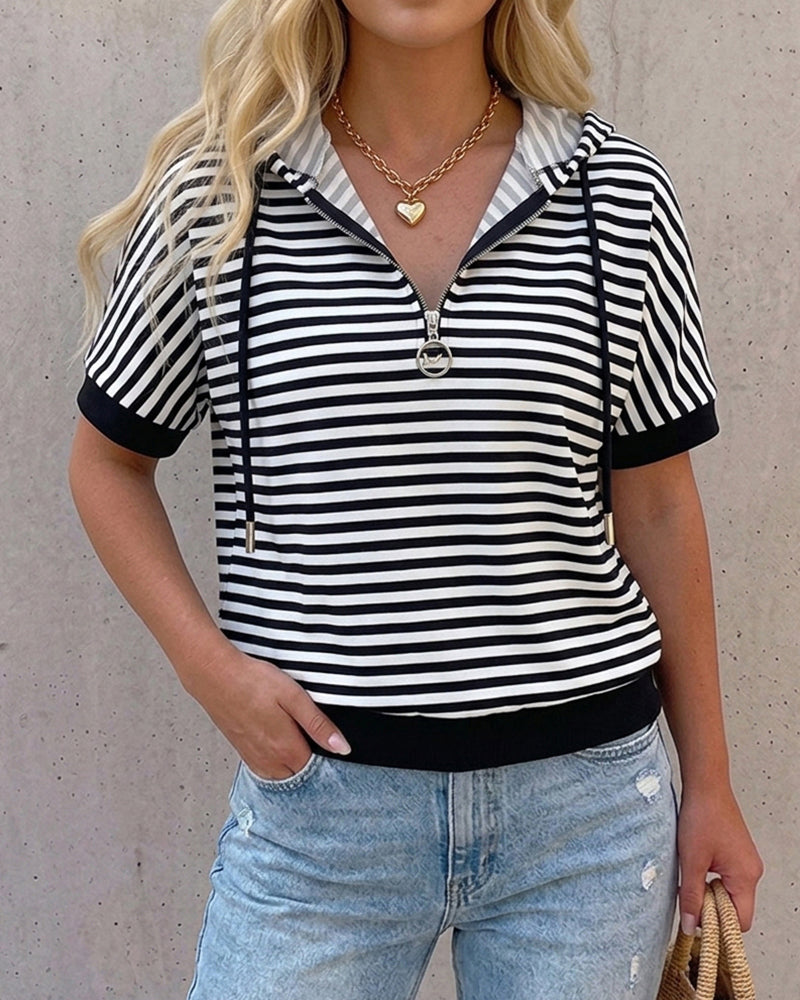 Women's Striped Half Zip Drawstring Hoodie Short Sleeve Sweatshirt Loose Contrast Trim Casual Pullover Top