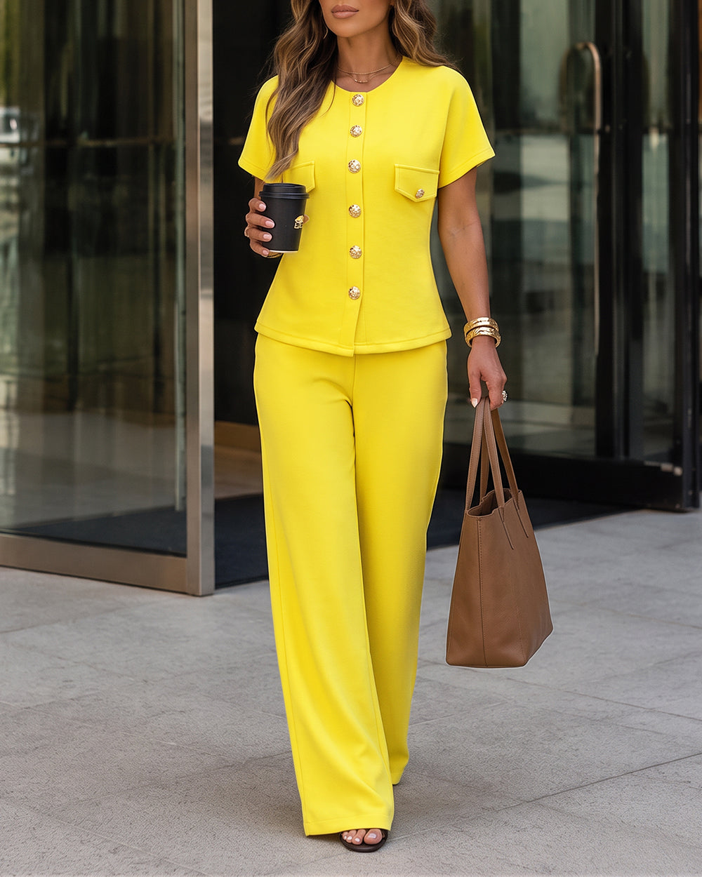 Women's 2 Piece Outfits Short Sleeve Button Down Top and Straight Leg Pants Set Casual Commuter Suits