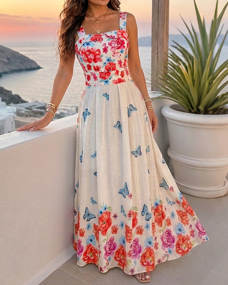 Women's Floral Butterfly Placement Print Cami Dress Shirred Back Sleeveless Vacation Sundress Casual Beach Maxi Dress