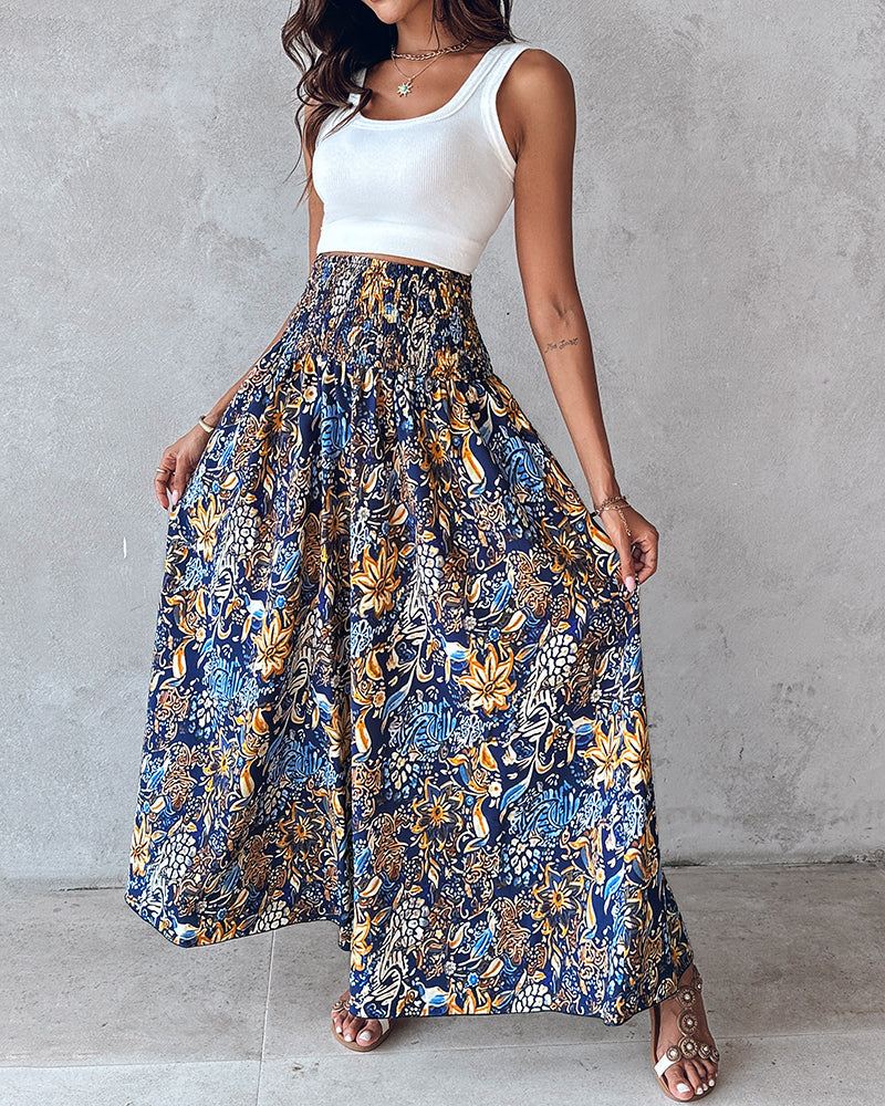 Boho Vintage Floral Print Shirred High Waist Wide Leg Pants