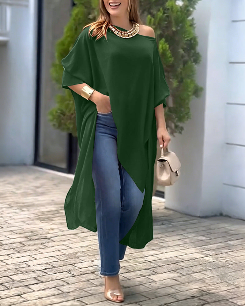 Women's Skew Neck Batwing Sleeve Tee Asymmetric Loose Cape Blouse Slit Elegant Top
