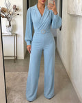 Rhinestone & Pearls Decor Lapel Collar Pleated Long Sleeve Wide Leg Overalls Casual High Waist Zipper Back Jumpsuit