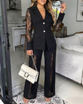 Women's 2 Piece Blazer Suit Set Elegant Lace Patchwork Long Sleeve Coat and High Waisted Straight Leg Pants