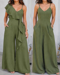 V-Neck Adjustable Spaghetti Straps Backless Overalls Casual Zipper Back Wide Leg Jumpsuit with Convertible Ruffles Tie Panel