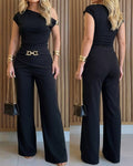 CHICME Women's 2 Piece Set Skew Neck Slim Fit Top and Elastic Waist Flare Pants with Metal Detail