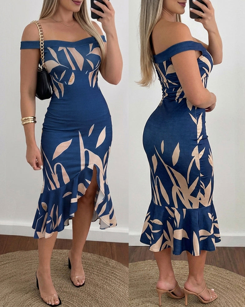 Women's Off Shoulder Midi Dress Leaf Print Bodycon Mermaid Dress Ruffle Hem Slit Party Cocktail Dress
