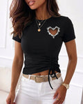 Women's Heart Cutout Rhinestone T-Shirt Short Sleeve Side Drawstring Ruched Top Slim Fit Sparkly Party Tee