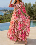 Women's Leopard Floral Print Dress V Neck Three Quarters Sleeve Ruffle Hem Dress Shirred Back A-Line Maxi Vacation Dress