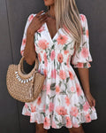 Floral Print Overlap Deep V-Neck Half Sleeve Shirred Waist A Line Dress Casual Flared Cuffs Ruffle Hem Chiffon Dress