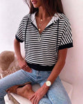 Women's Striped Half Zip Drawstring Hoodie Short Sleeve Sweatshirt Loose Contrast Trim Casual Pullover Top