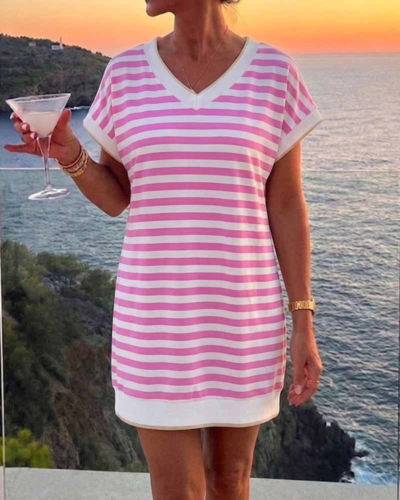 Women's Striped V-Neck T-Shirt Dress Summer Casual Short Sleeve Mini Dress Loose Fit Vacation Dress with Pockets