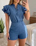 Women's Denim Look Two Piece Set Ruffle Short Sleeve Tie Neck Top and High Waist Shorts Casual Matching Set