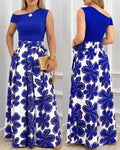 Women's 2 Piece Skirt Set Skew Neck Ruched Slim Fit Top and High Waisted Floral Print A Line Skirt with Pockets