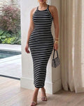 Women's Striped Halter Maxi Dress Sleeveless Ribbed Knit Dress Elegant Back Slit Slim Fit Casual Sundress