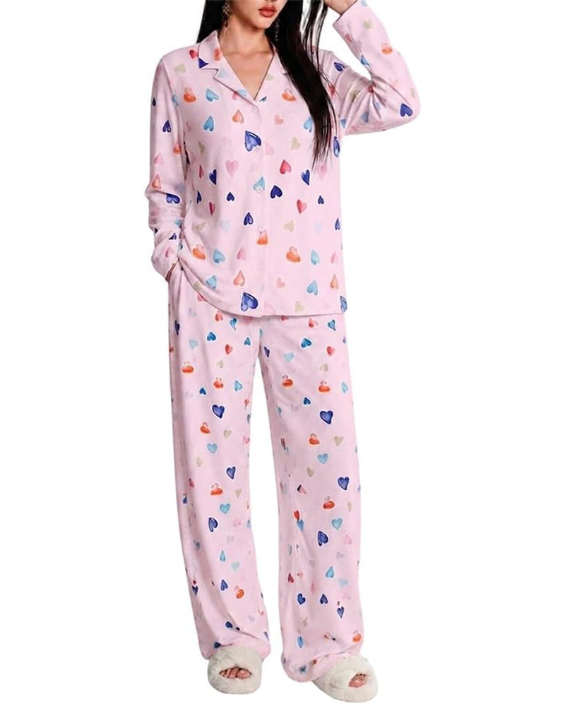 CHICME ESSENCE Women's Colorful Heart Print 2 Piece Pajama Set Long Sleeve Button Down Top and High Waisted Pants Casual Lounge Sets