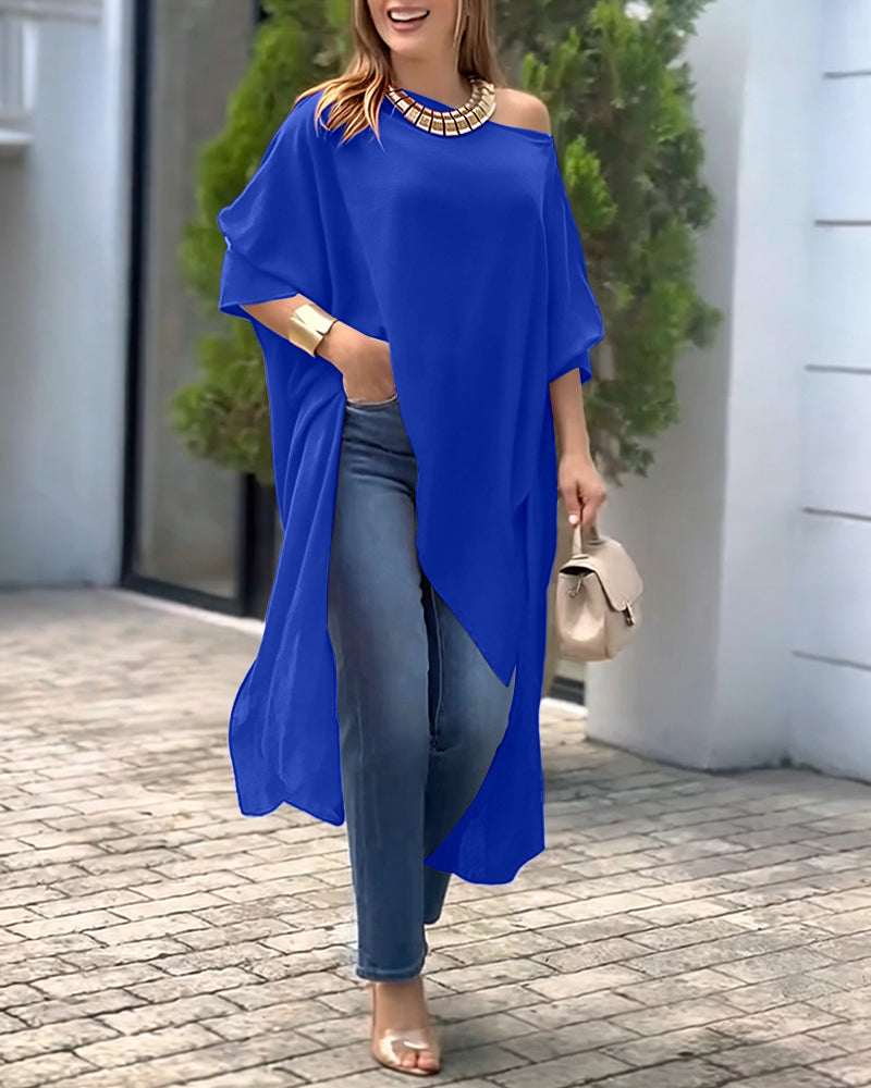 Women's Skew Neck Batwing Sleeve Tee Asymmetric Loose Cape Blouse Slit Elegant Top