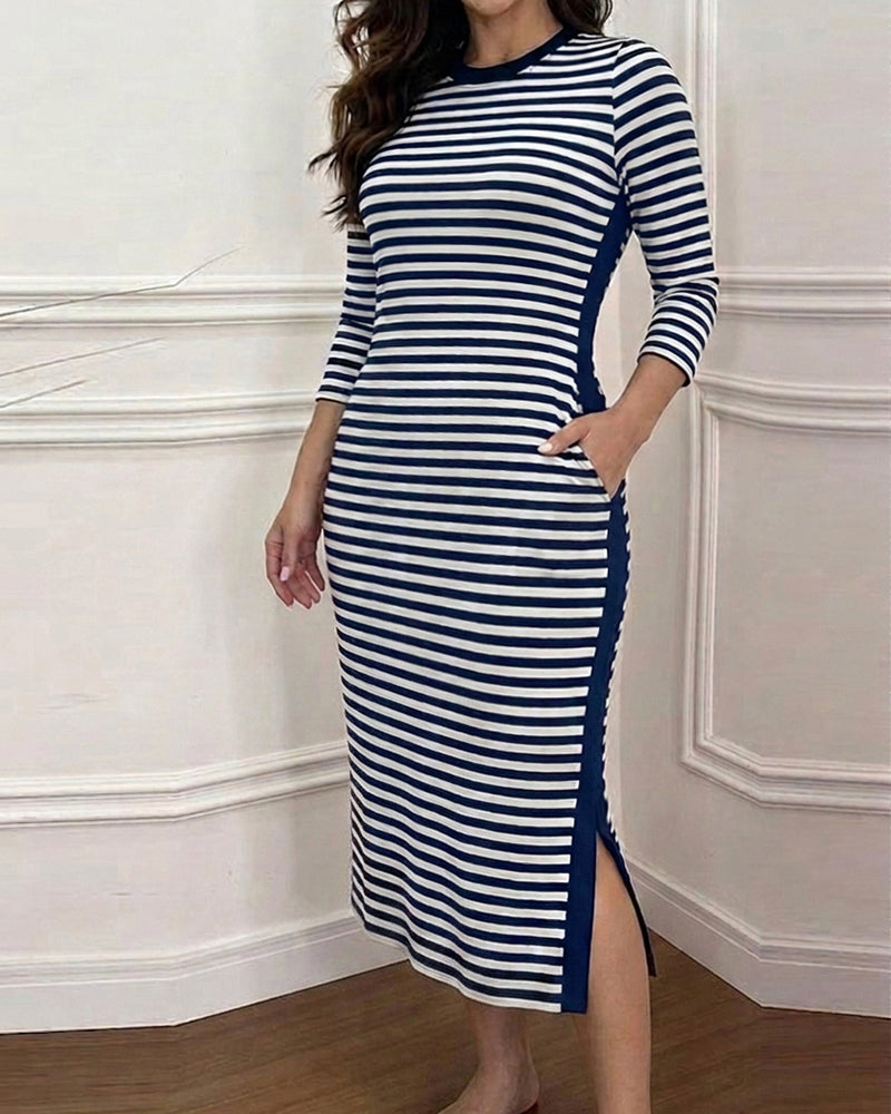 Women's Casual Striped Midi Dress Long Sleeve Crewneck Contrast Side Panel Side Slit T-Shirt Knit Dress with Pockets